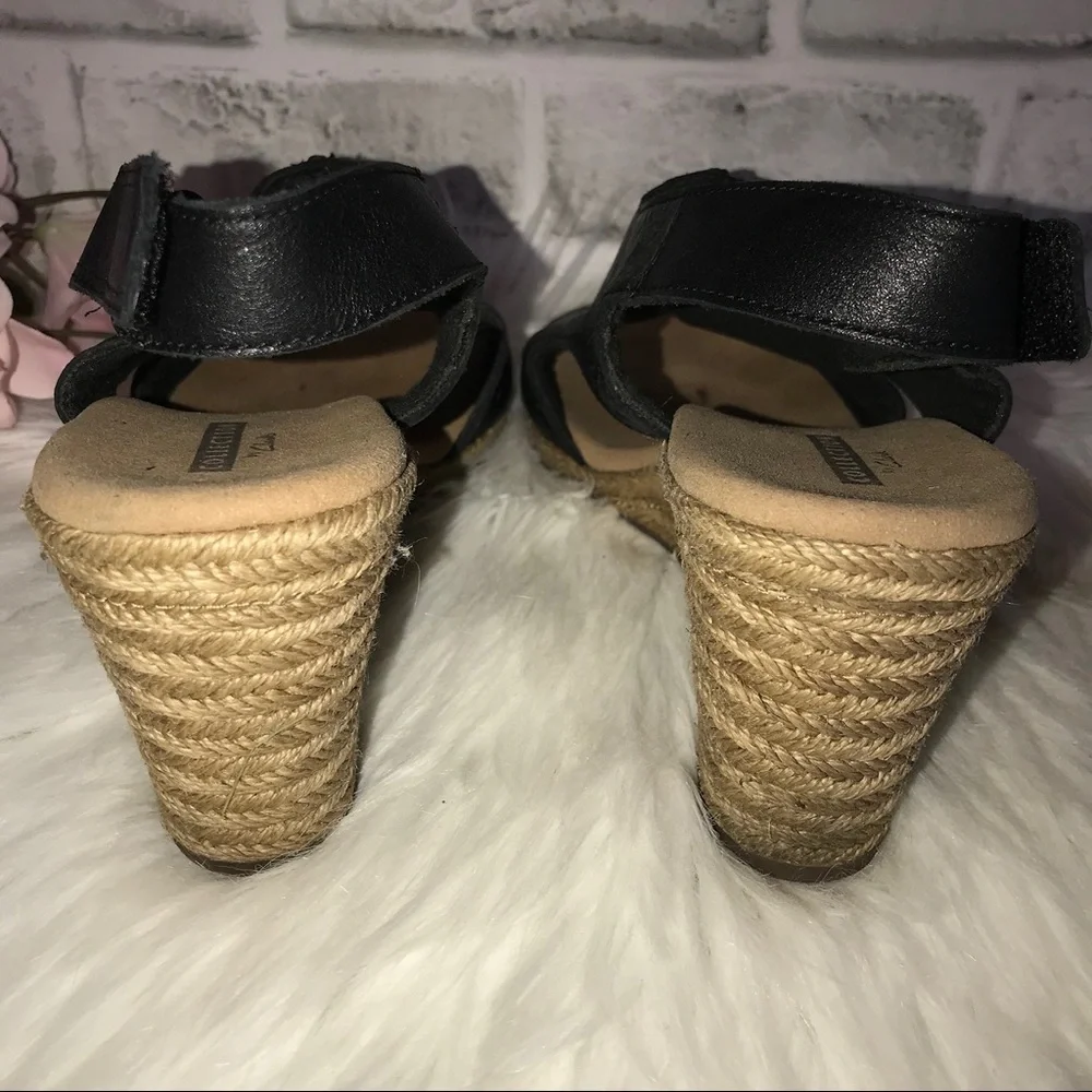 Clarks Black Leather Espadrille Wedge Sandals